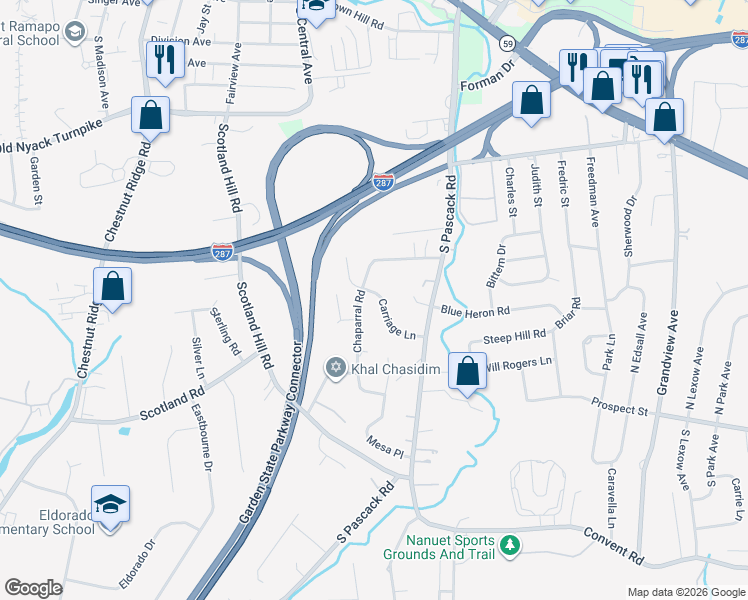 map of restaurants, bars, coffee shops, grocery stores, and more near 15 Carriage Lane in Nanuet