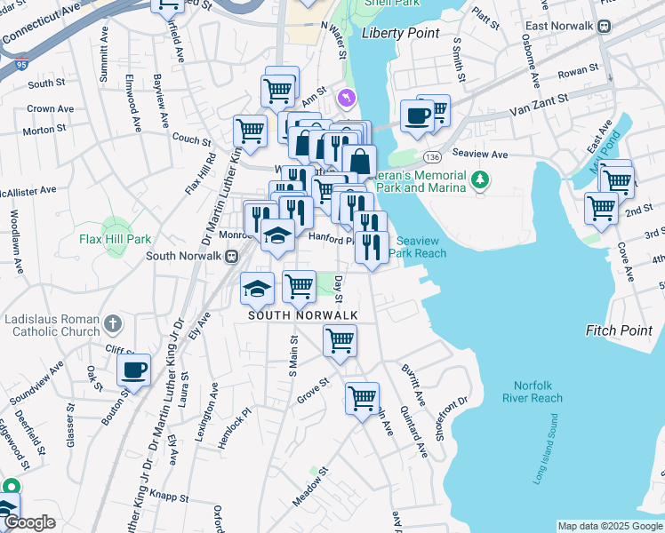 map of restaurants, bars, coffee shops, grocery stores, and more near 19 Day Street in Norwalk