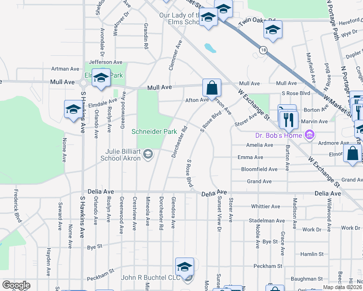 map of restaurants, bars, coffee shops, grocery stores, and more near 317 Dorchester Road in Akron