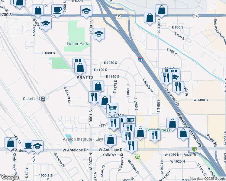 map of restaurants, bars, coffee shops, grocery stores, and more near 1286 South 1175 East in Clearfield