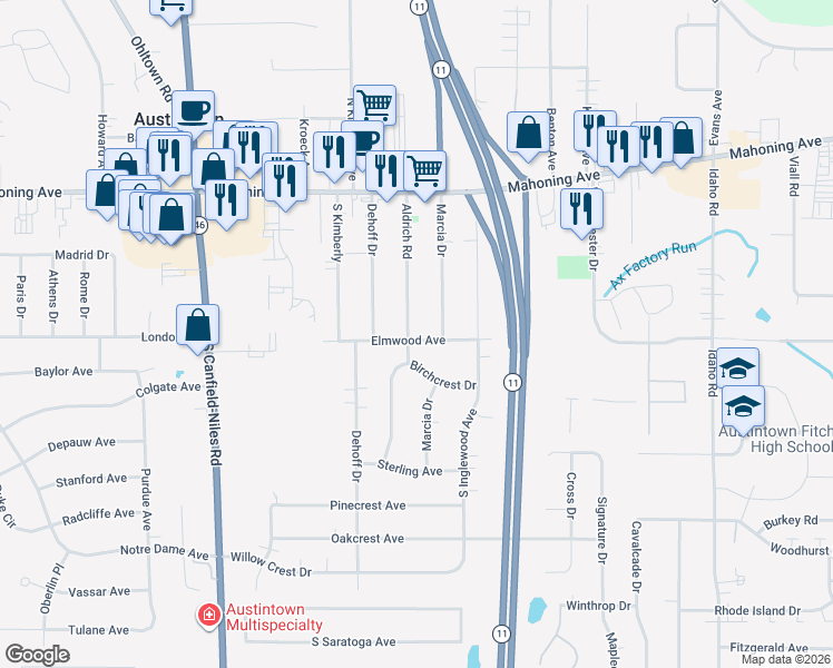 map of restaurants, bars, coffee shops, grocery stores, and more near 175 Aldrich Road in Youngstown
