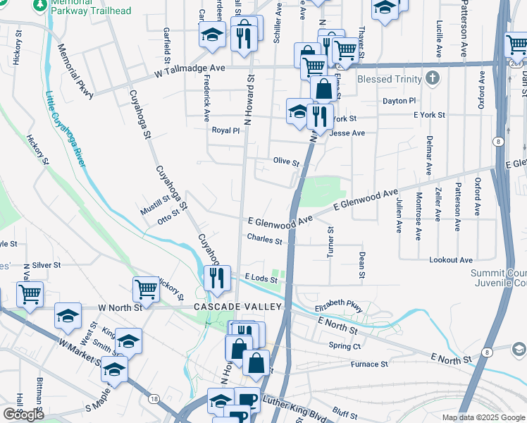 map of restaurants, bars, coffee shops, grocery stores, and more near 378 Bailey Court in Akron
