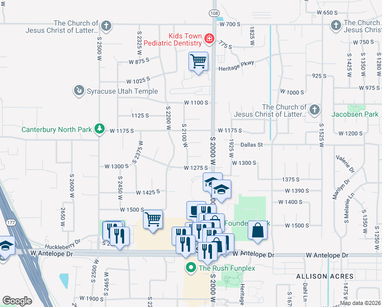 map of restaurants, bars, coffee shops, grocery stores, and more near 1239 South 2100 West in Syracuse