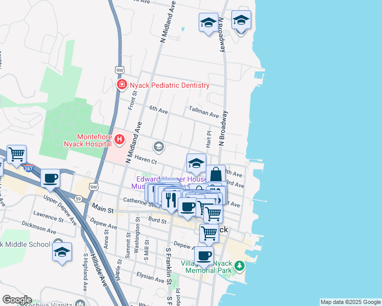 map of restaurants, bars, coffee shops, grocery stores, and more near 47 5th Avenue in Nyack