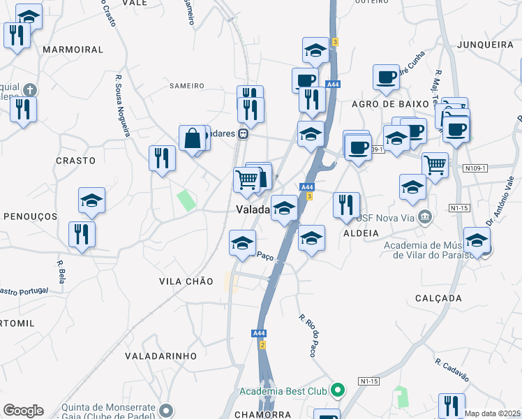 map of restaurants, bars, coffee shops, grocery stores, and more near in Vila Nova de Gaia