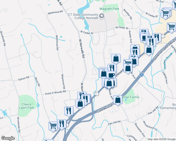 map of restaurants, bars, coffee shops, grocery stores, and more near 52 West Norwalk Road in Norwalk
