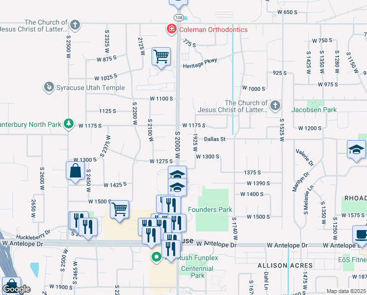 map of restaurants, bars, coffee shops, grocery stores, and more near 1264 1925 West in Syracuse
