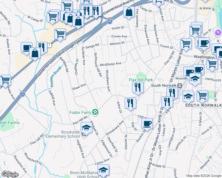map of restaurants, bars, coffee shops, grocery stores, and more near 11 Woodlawn Avenue in Norwalk