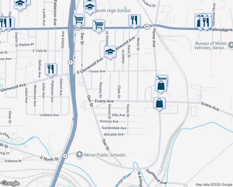 map of restaurants, bars, coffee shops, grocery stores, and more near 740 Clyde Street in Akron