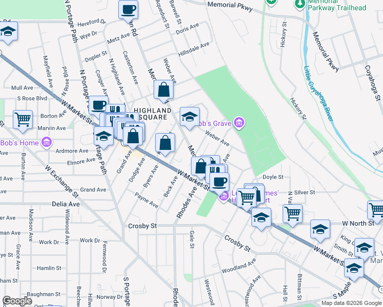 map of restaurants, bars, coffee shops, grocery stores, and more near in Akron