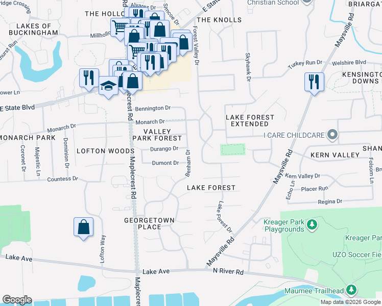 map of restaurants, bars, coffee shops, grocery stores, and more near 1705 Forest Valley Drive in Fort Wayne