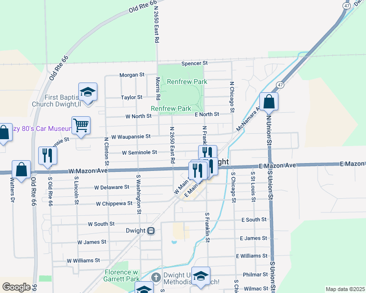 map of restaurants, bars, coffee shops, grocery stores, and more near 108 East Seminole Street in Dwight