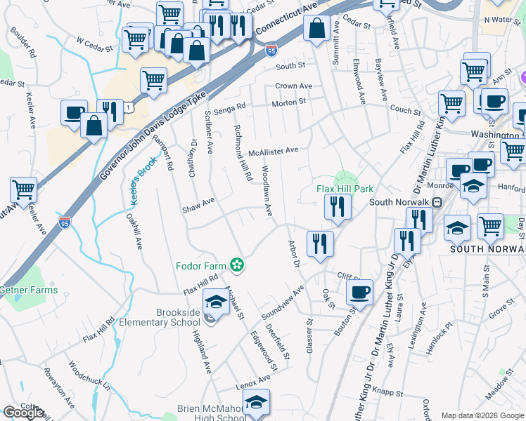 map of restaurants, bars, coffee shops, grocery stores, and more near 11 Woodlawn Avenue in Norwalk