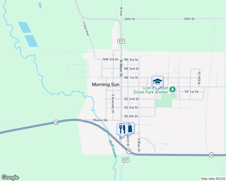 map of restaurants, bars, coffee shops, grocery stores, and more near 2 Southwest 1st Street in Morning Sun