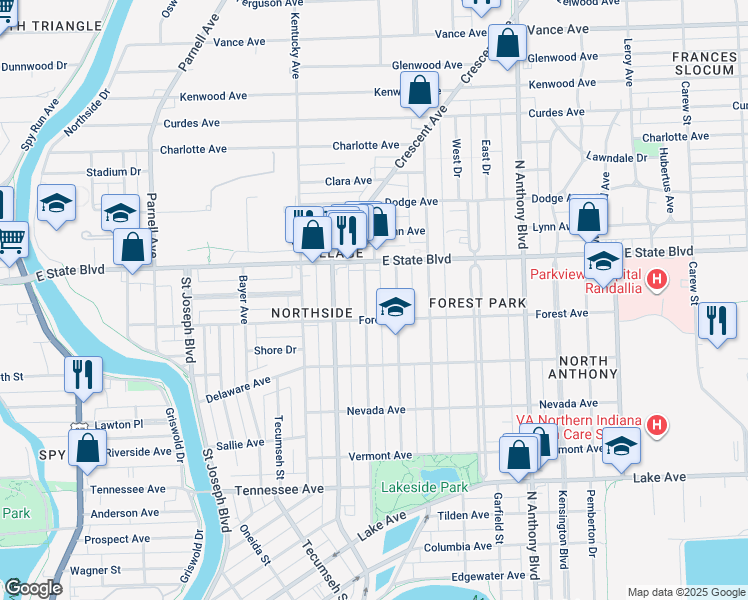 map of restaurants, bars, coffee shops, grocery stores, and more near 2120 California Ave in Fort Wayne