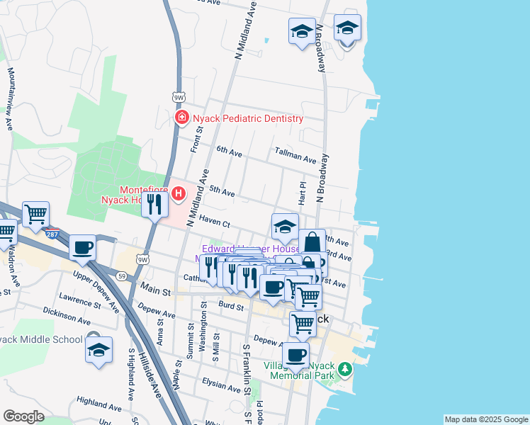 map of restaurants, bars, coffee shops, grocery stores, and more near 142 North Franklin Street in Nyack