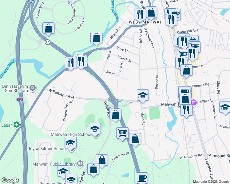 map of restaurants, bars, coffee shops, grocery stores, and more near 201 New Jersey 17 in Mahwah