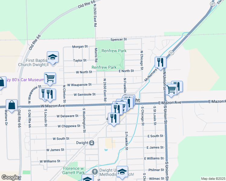 map of restaurants, bars, coffee shops, grocery stores, and more near 108 East Seminole Street in Dwight