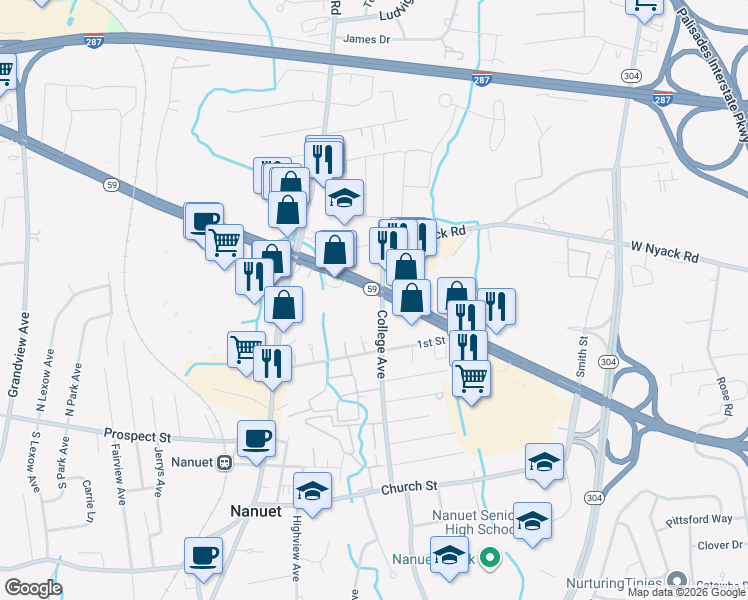 map of restaurants, bars, coffee shops, grocery stores, and more near 81 New York 59 in Nanuet