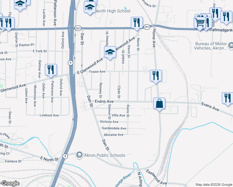 map of restaurants, bars, coffee shops, grocery stores, and more near 740 Clyde Street in Akron