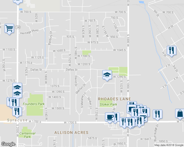 map of restaurants, bars, coffee shops, grocery stores, and more near 1295 Marilyn Drive in Syracuse