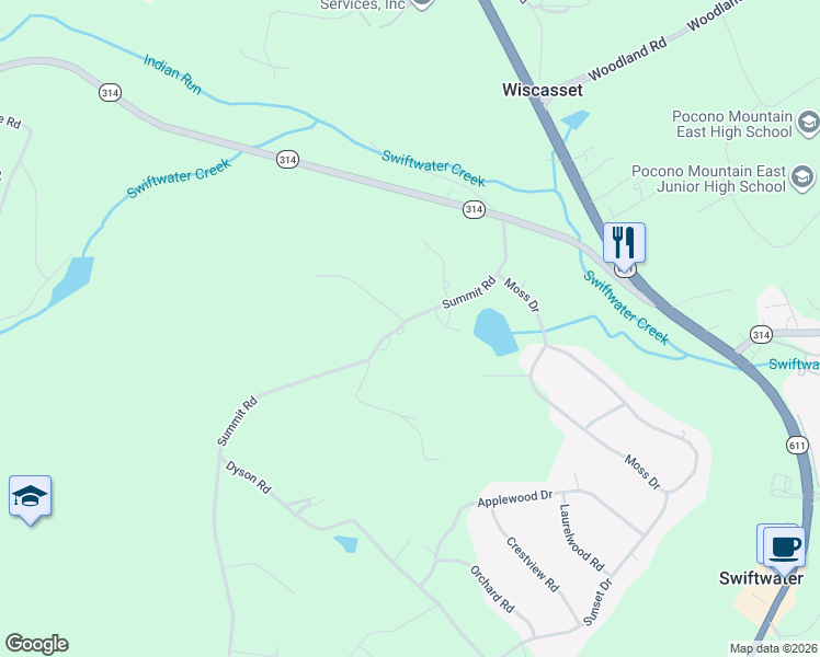 map of restaurants, bars, coffee shops, grocery stores, and more near Summit Road in Scotrun