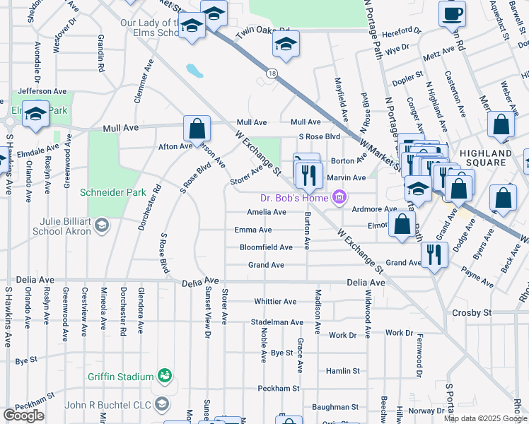 map of restaurants, bars, coffee shops, grocery stores, and more near 981 Amelia Avenue in Akron