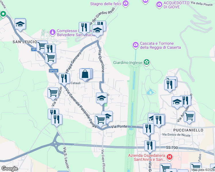 map of restaurants, bars, coffee shops, grocery stores, and more near 29 Via Fratelli Bandiera in Caserta