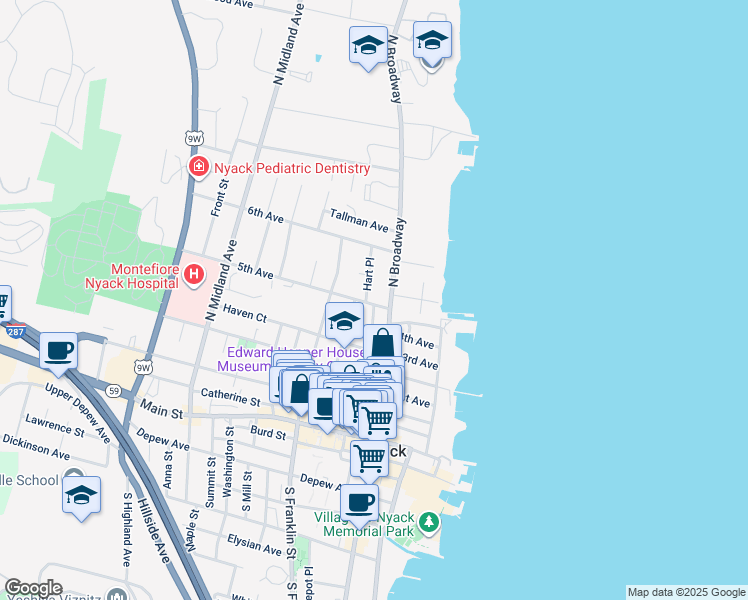 map of restaurants, bars, coffee shops, grocery stores, and more near 20 5th Avenue in Nyack