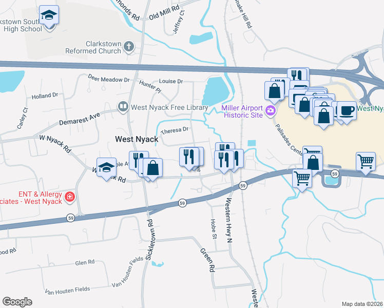 map of restaurants, bars, coffee shops, grocery stores, and more near 19 Klein Avenue in West Nyack