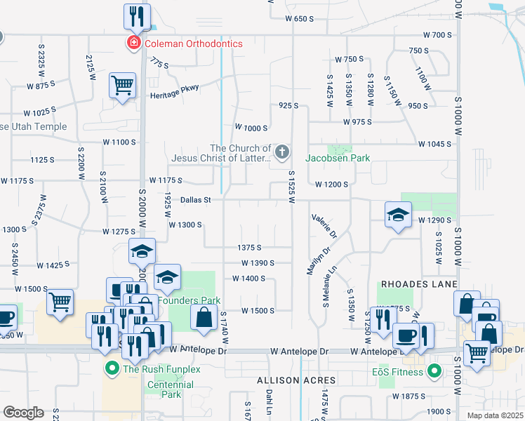 map of restaurants, bars, coffee shops, grocery stores, and more near 1251 South 1650 West in Syracuse