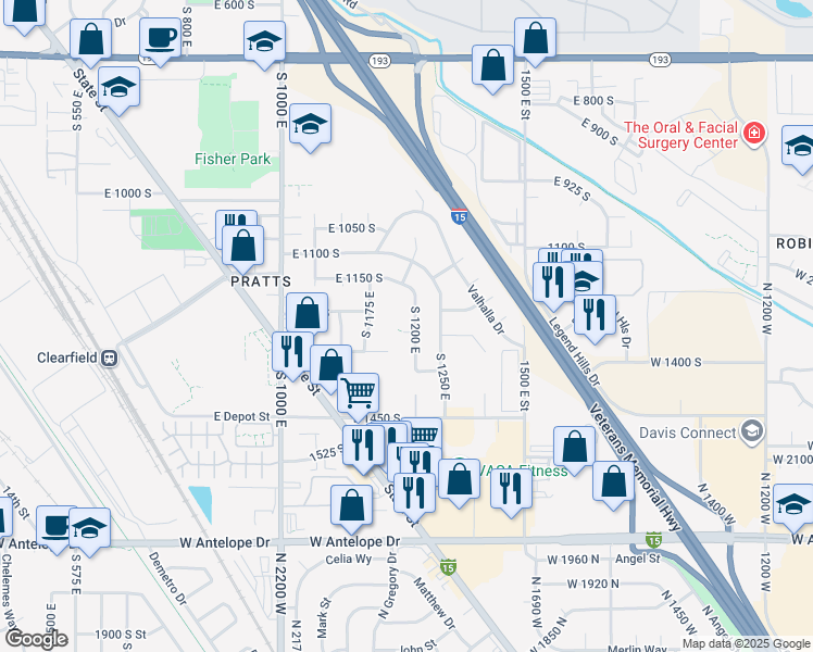 map of restaurants, bars, coffee shops, grocery stores, and more near 1280 South 1200 East in Clearfield