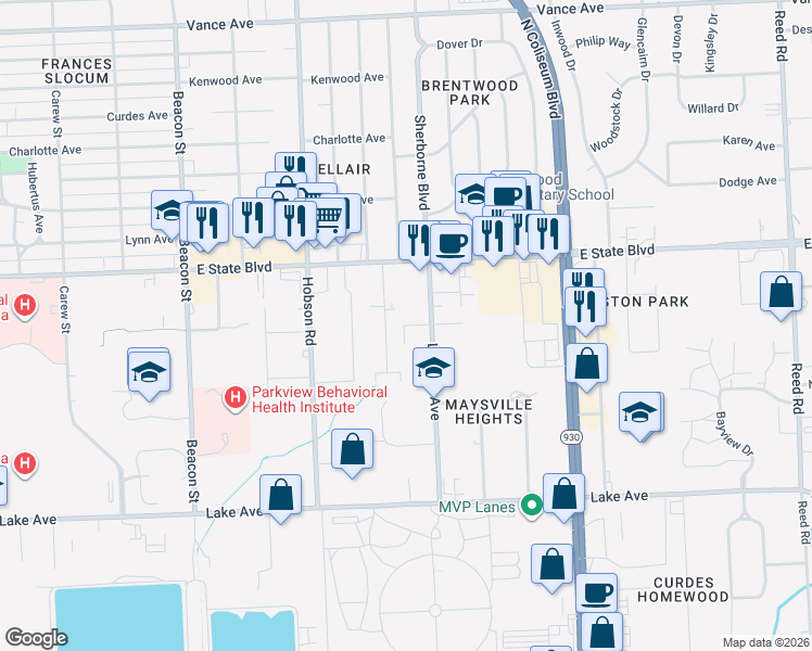 map of restaurants, bars, coffee shops, grocery stores, and more near 3400 Forest Avenue in Fort Wayne