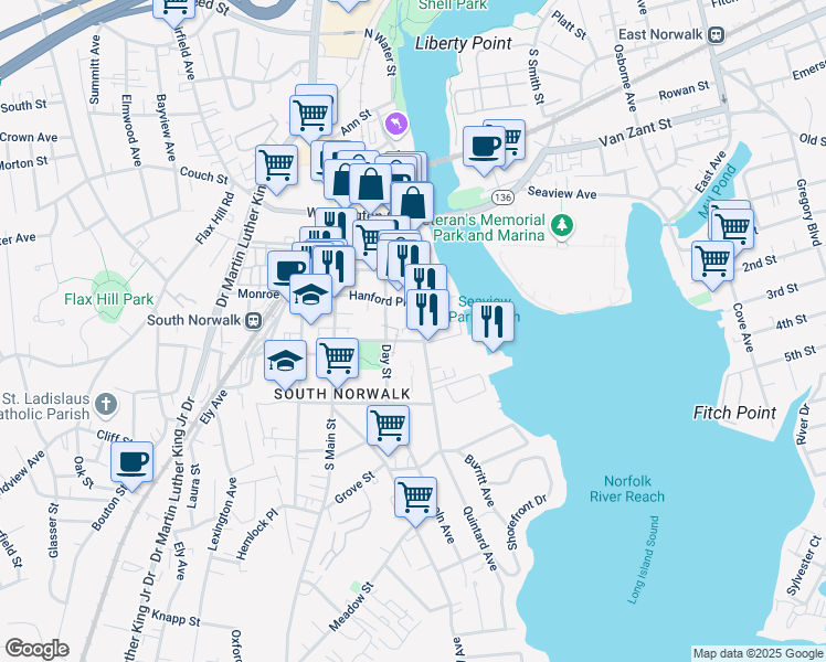 map of restaurants, bars, coffee shops, grocery stores, and more near 123 Water Street in Norwalk