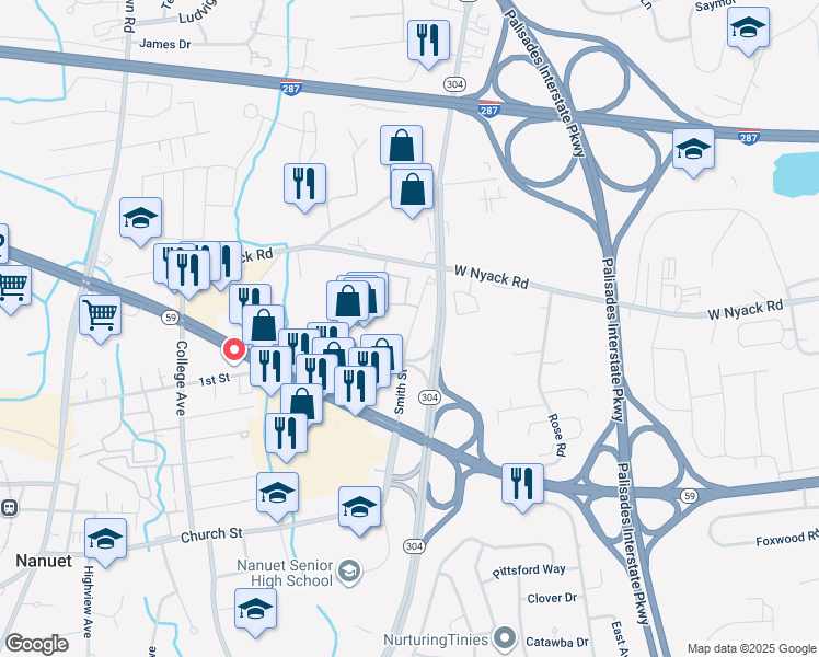 map of restaurants, bars, coffee shops, grocery stores, and more near 25 Smith Street in Nanuet