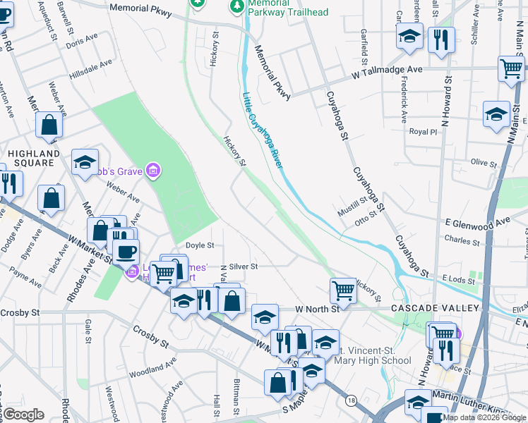map of restaurants, bars, coffee shops, grocery stores, and more near 403 Hickory Street in Akron