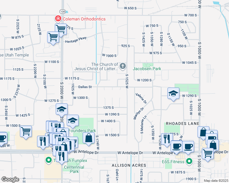 map of restaurants, bars, coffee shops, grocery stores, and more near 1251 South 1650 West in Syracuse