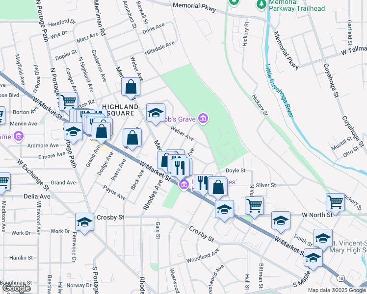 map of restaurants, bars, coffee shops, grocery stores, and more near 79 Charlotte Street in Akron