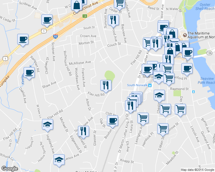 map of restaurants, bars, coffee shops, grocery stores, and more near 239 1/2 Flax Hill Road in Norwalk