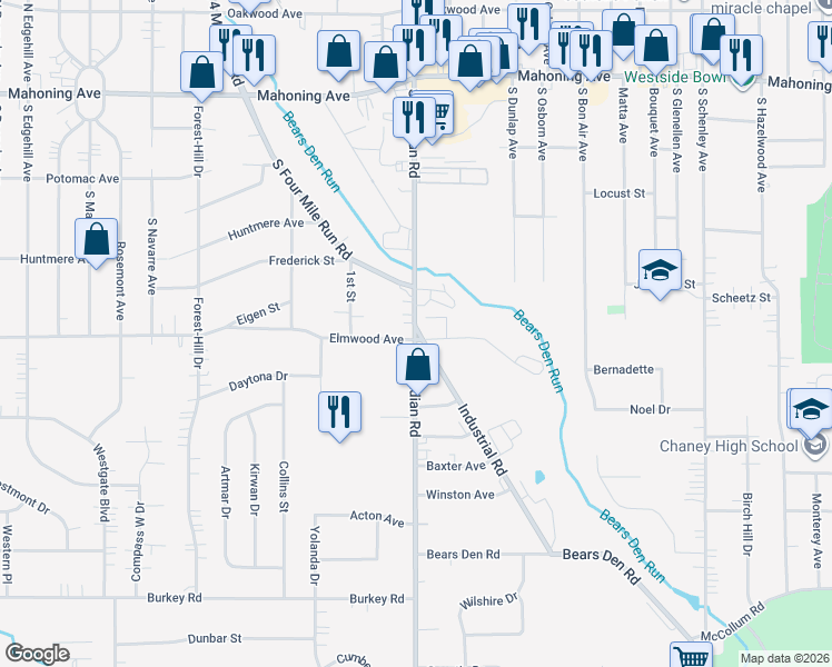 map of restaurants, bars, coffee shops, grocery stores, and more near 3301-3499 Elmwood Avenue in Youngstown