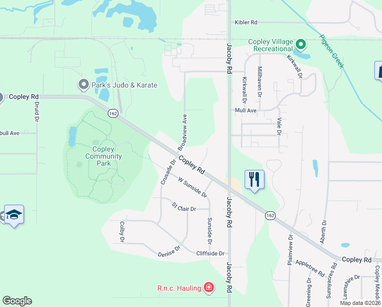 map of restaurants, bars, coffee shops, grocery stores, and more near 2941 Copley Road in Akron