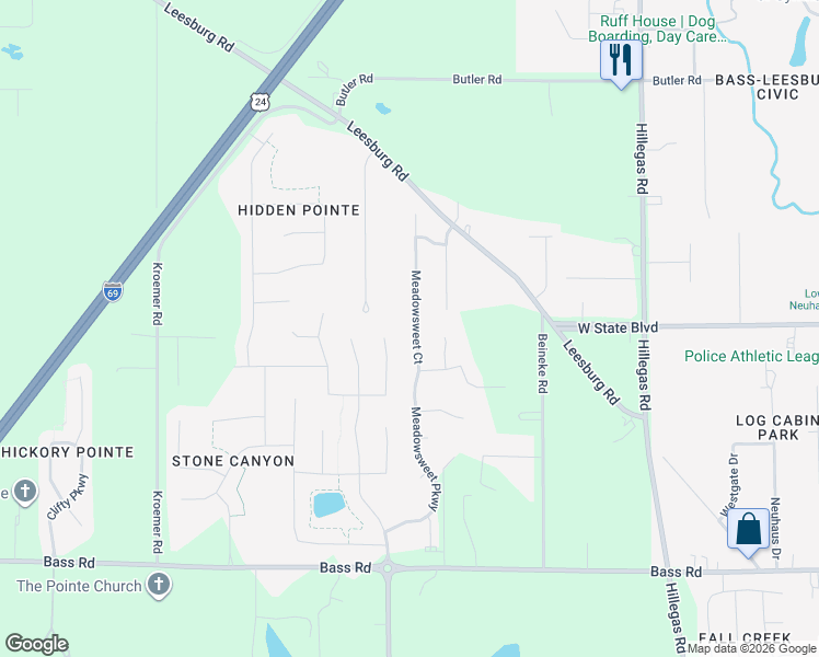 map of restaurants, bars, coffee shops, grocery stores, and more near 2235 Meadowsweet Court in Fort Wayne