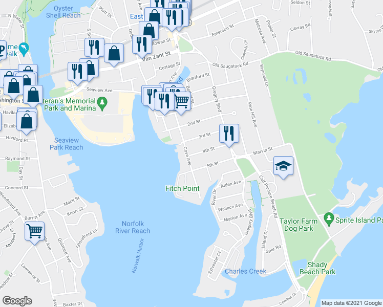 map of restaurants, bars, coffee shops, grocery stores, and more near 1 4th Street in Norwalk