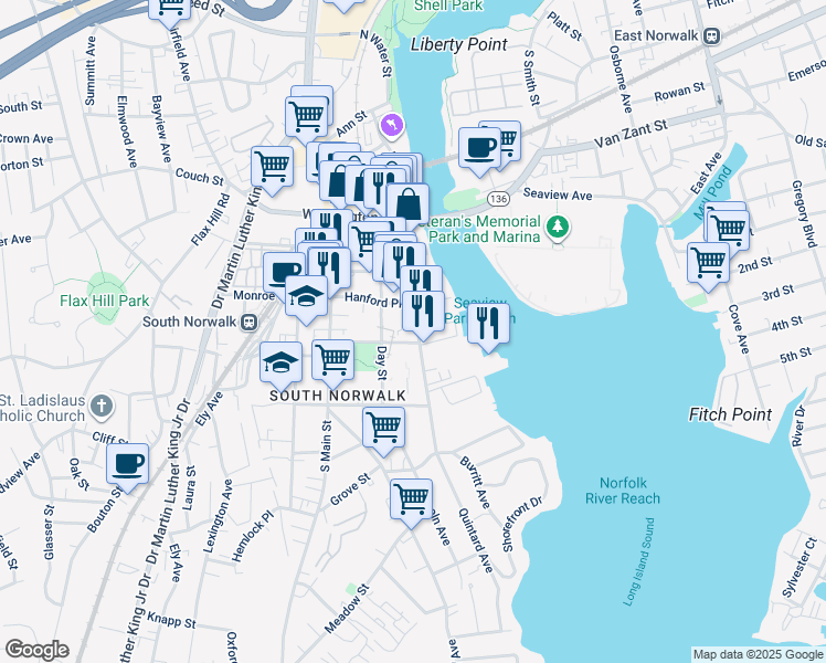 map of restaurants, bars, coffee shops, grocery stores, and more near 123 Water Street in Norwalk