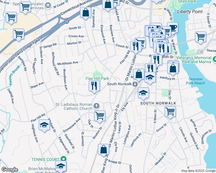 map of restaurants, bars, coffee shops, grocery stores, and more near 232 Flax Hill Road in Norwalk