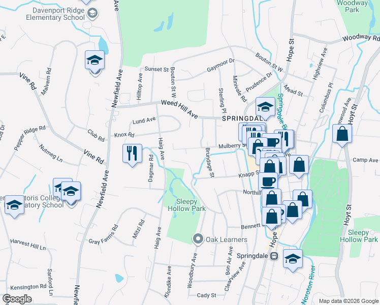 map of restaurants, bars, coffee shops, grocery stores, and more near 120 Mulberry Street in Stamford