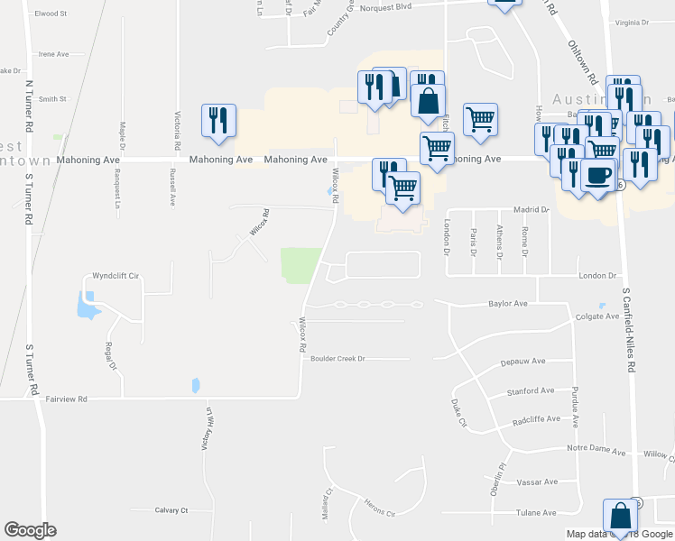 map of restaurants, bars, coffee shops, grocery stores, and more near 5623 Callaway Circle in Youngstown