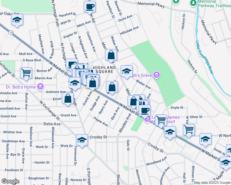 map of restaurants, bars, coffee shops, grocery stores, and more near 37 Marshall Avenue in Akron