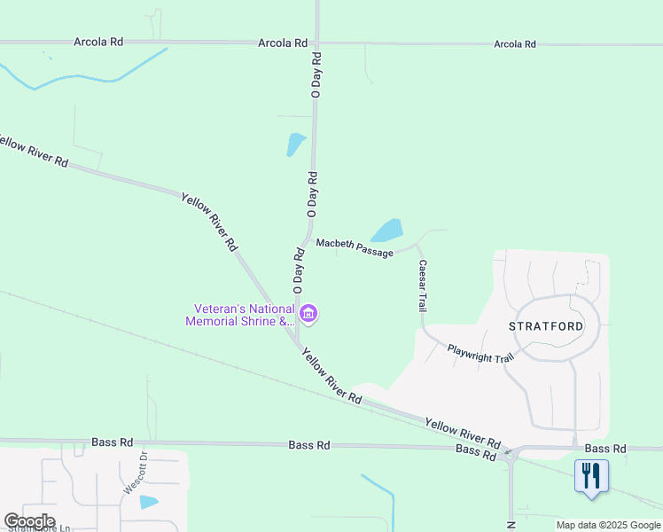 map of restaurants, bars, coffee shops, grocery stores, and more near 2402 O Day Road in Fort Wayne