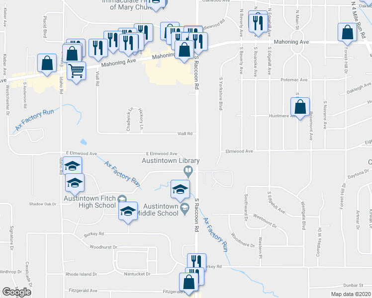 map of restaurants, bars, coffee shops, grocery stores, and more near 310 South Raccoon Road in Youngstown